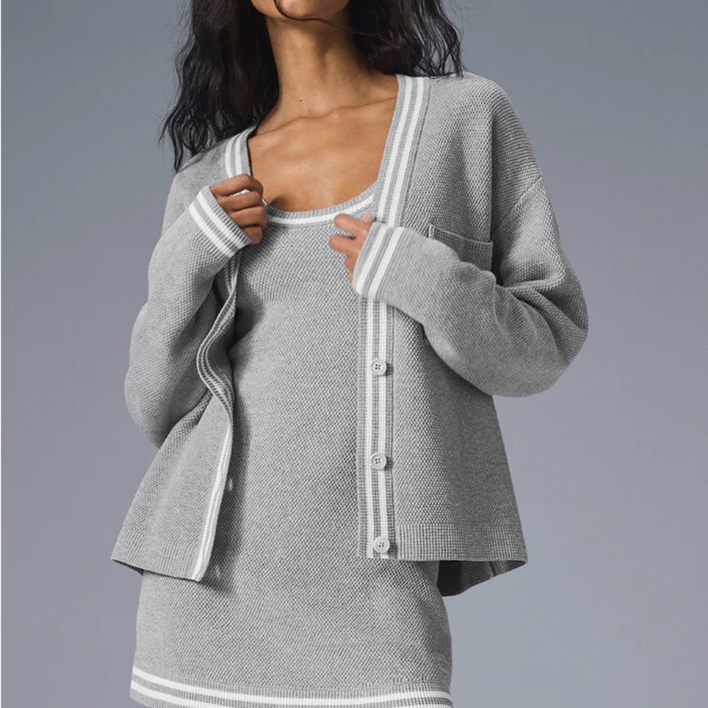 ALO Yoga Gray Cardigan Sweater with Classic Trim, small, new with tags